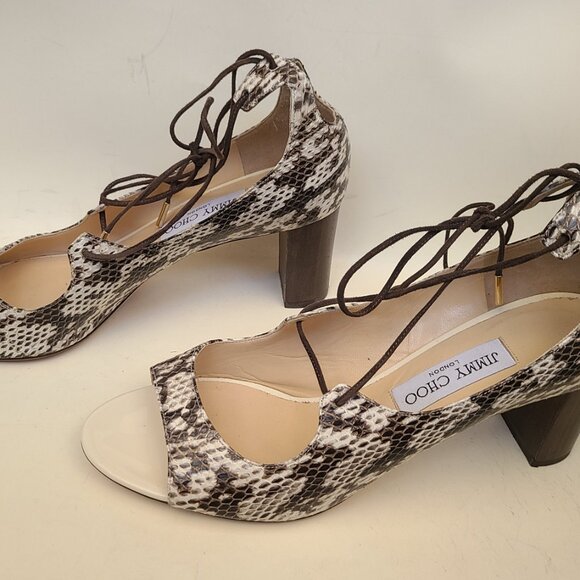 Jimmy Choo Ivory/Brown Snakeskin Open Toe Sandals Pumps Lace Up EU 40.5 - Picture 7 of 16